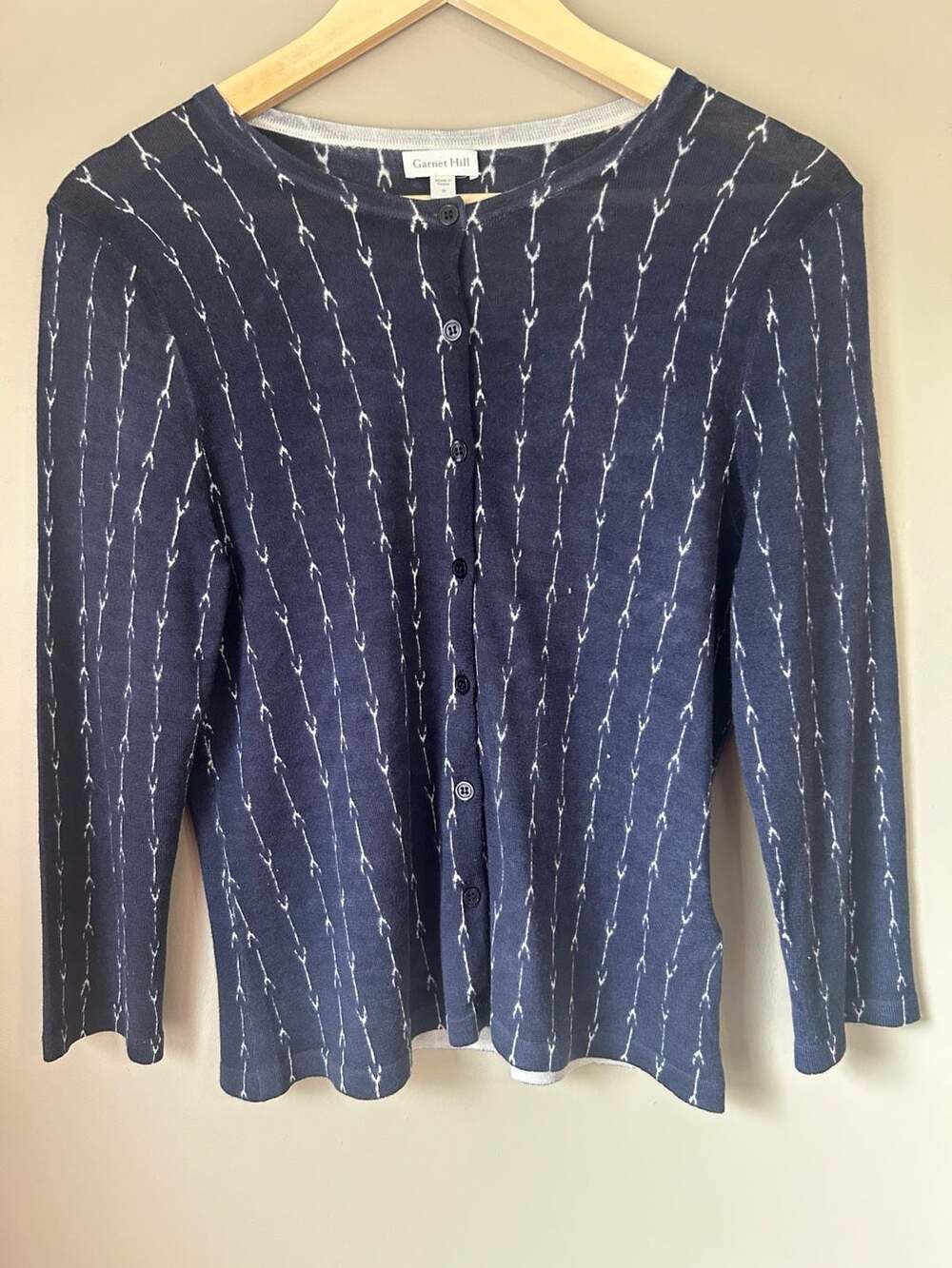 Garnet Hill Navy Blue 100% Merino Wool Cardigan Sweater with Arrow Pattern